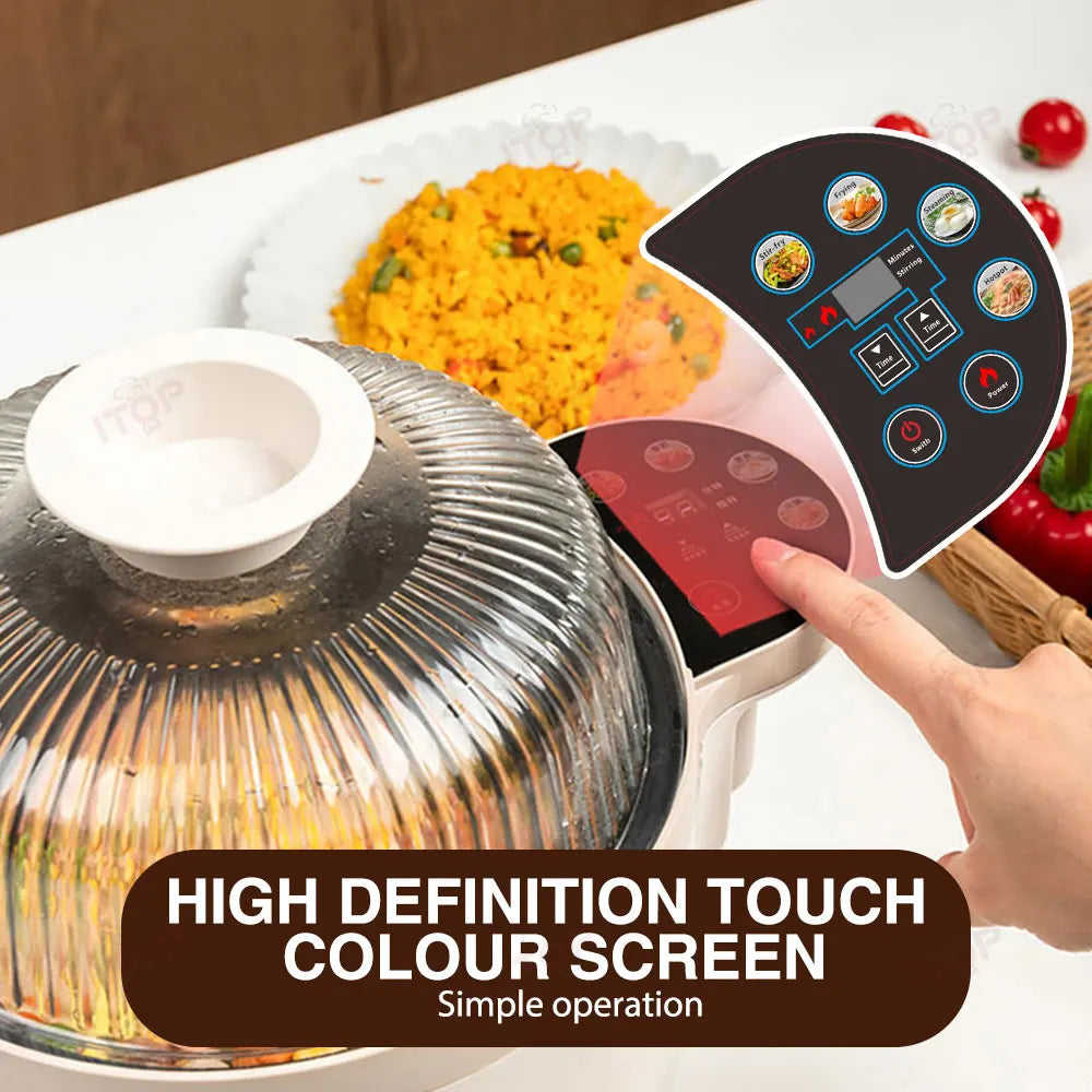 Household Stir Fry Machine 3.5L 1400W Multi Function Steamer, Frying Pan, Hotpot, Wok 360° Stir Touch Colour Screen Food Coating