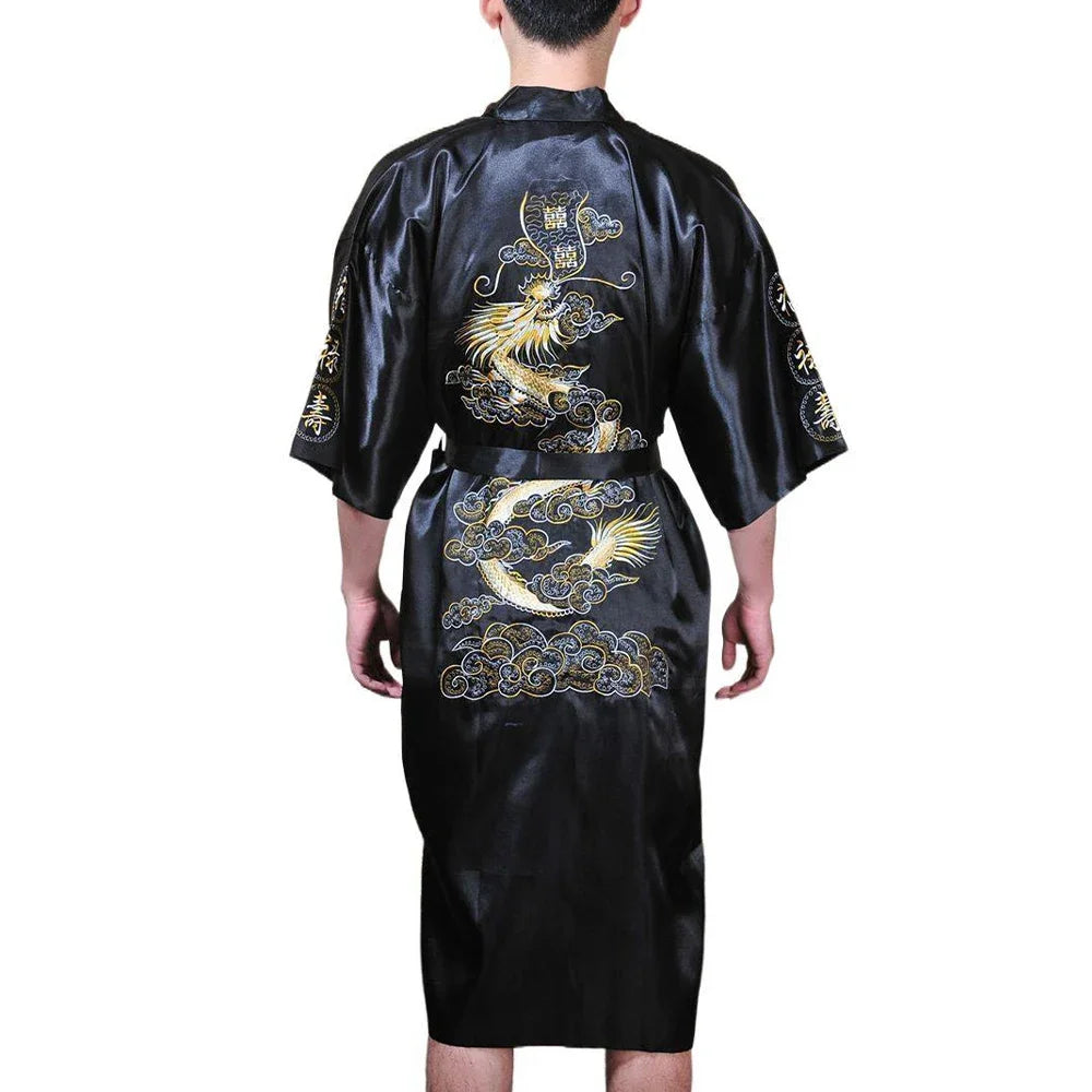 Silk Kimono Bathrobe, Chinese Dragon Design, Men's Sleepwear Gown, Satin Fabric, Navy Blue/Red/White/Black/Blue