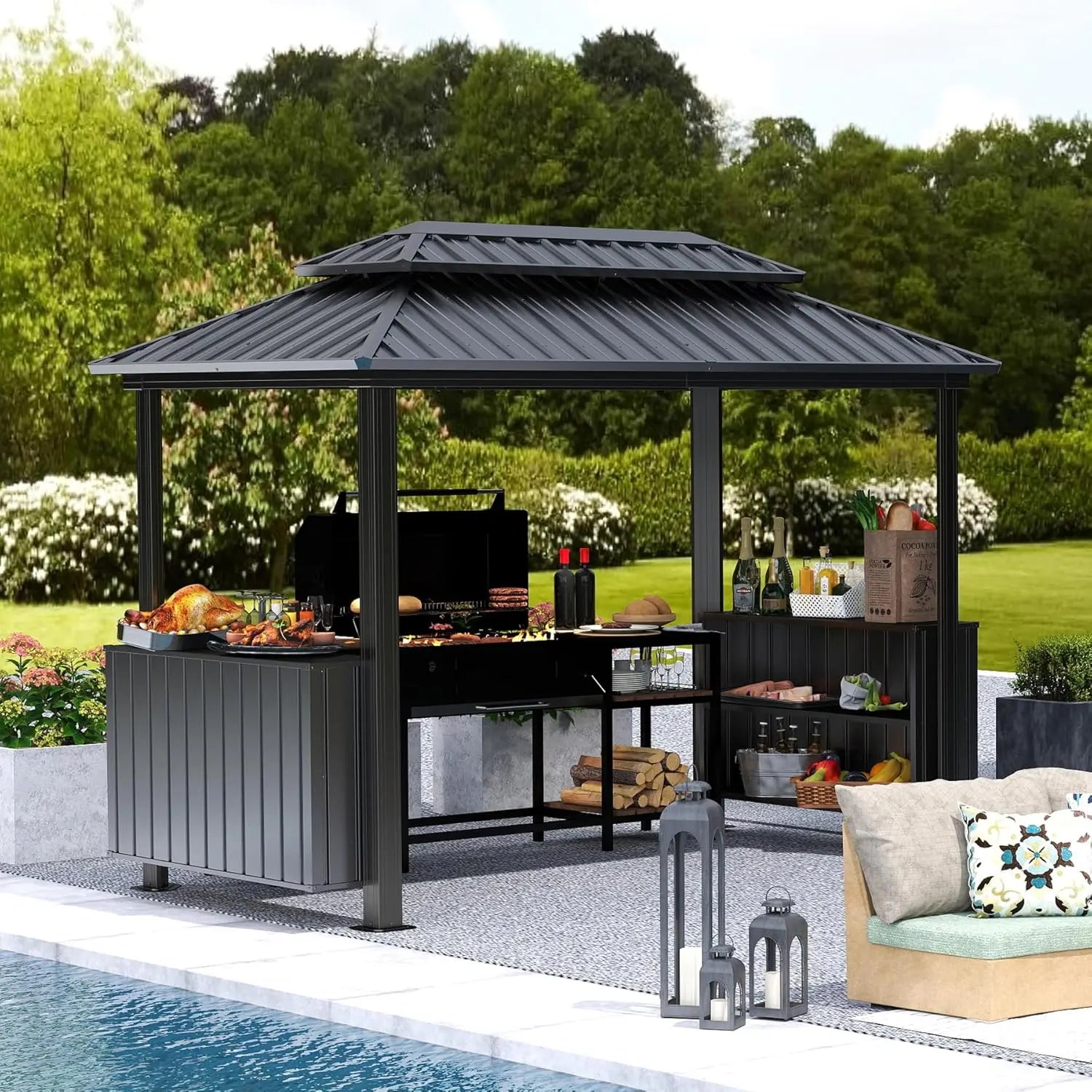 Hardtop Outdoor Grill Shelter with Ventilated Roof, Storage Cabinets, and Adjustable Hooks