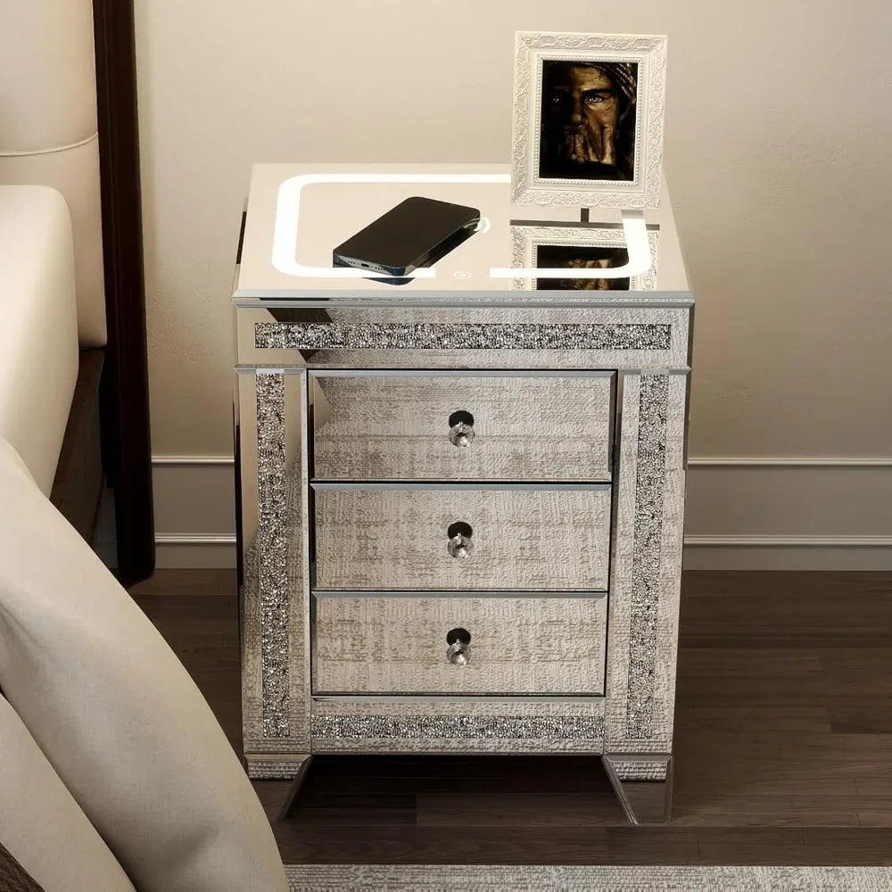 Silver Mirrored Nightstand with LED & Wireless Charging