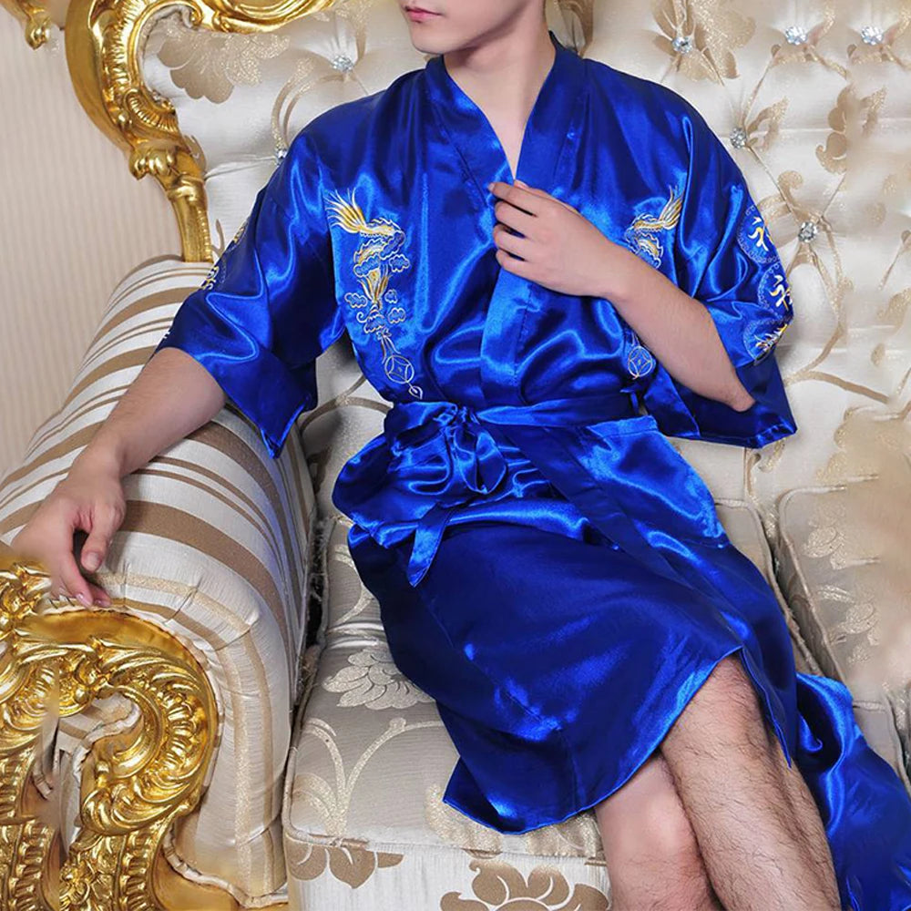 Satin Sleepwear Gown for Men, Chinese Dragon Design, Silk Kimono Bathrobe, M 2XL, Available in Multiple Colors