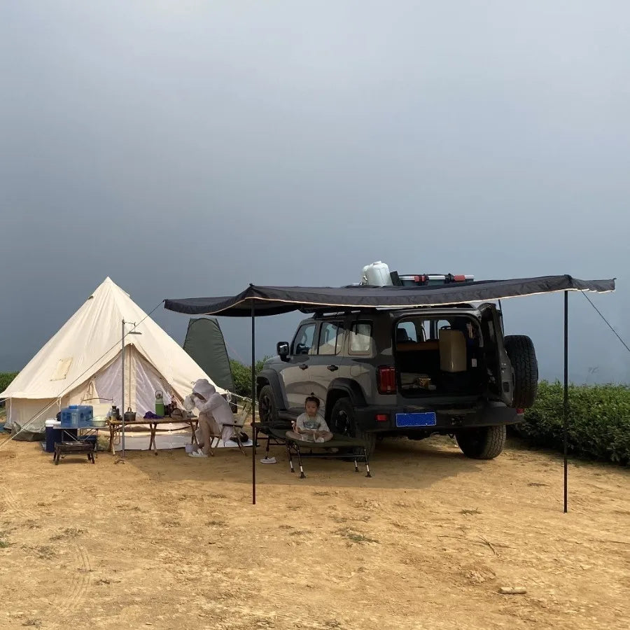 Outdoor self-driving five-angle 270-degree awning with cloth on the top side and double-axis fan-shaped tent with curtain a