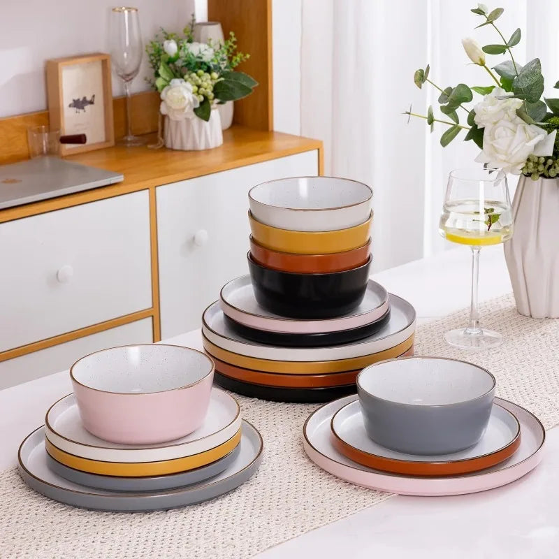 AmorArc Dinnerware Sets of 4,Modern Stoneware Plates and Bowls Sets