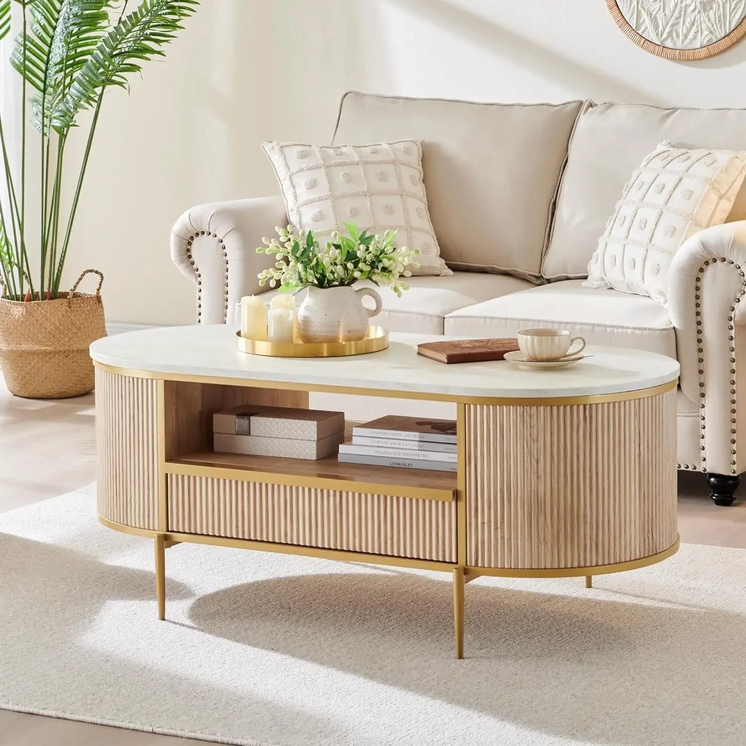 Modern Oval Coffee Table with Faux Marble Top