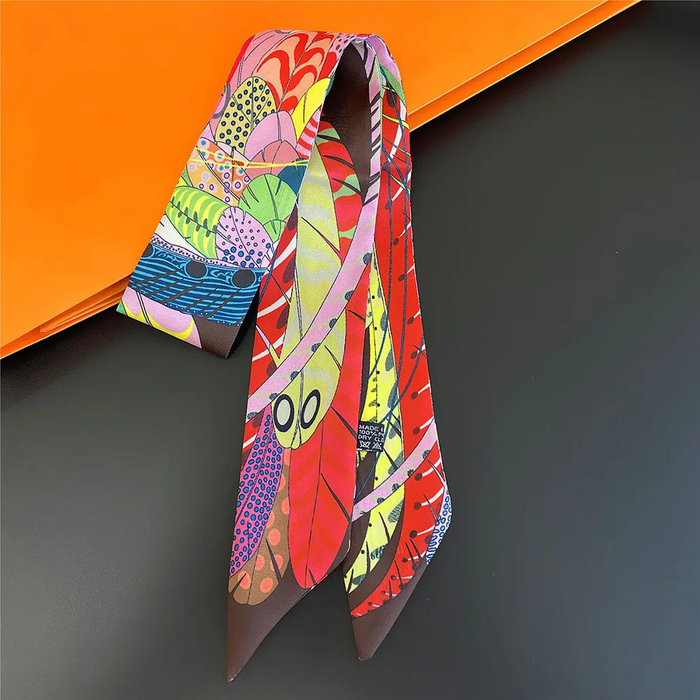 Fashion Skinny Small Silk Scarf Women Luxury Feather Print Headband Women's Bags Accessories Long Striped Neck Scarf Shawl