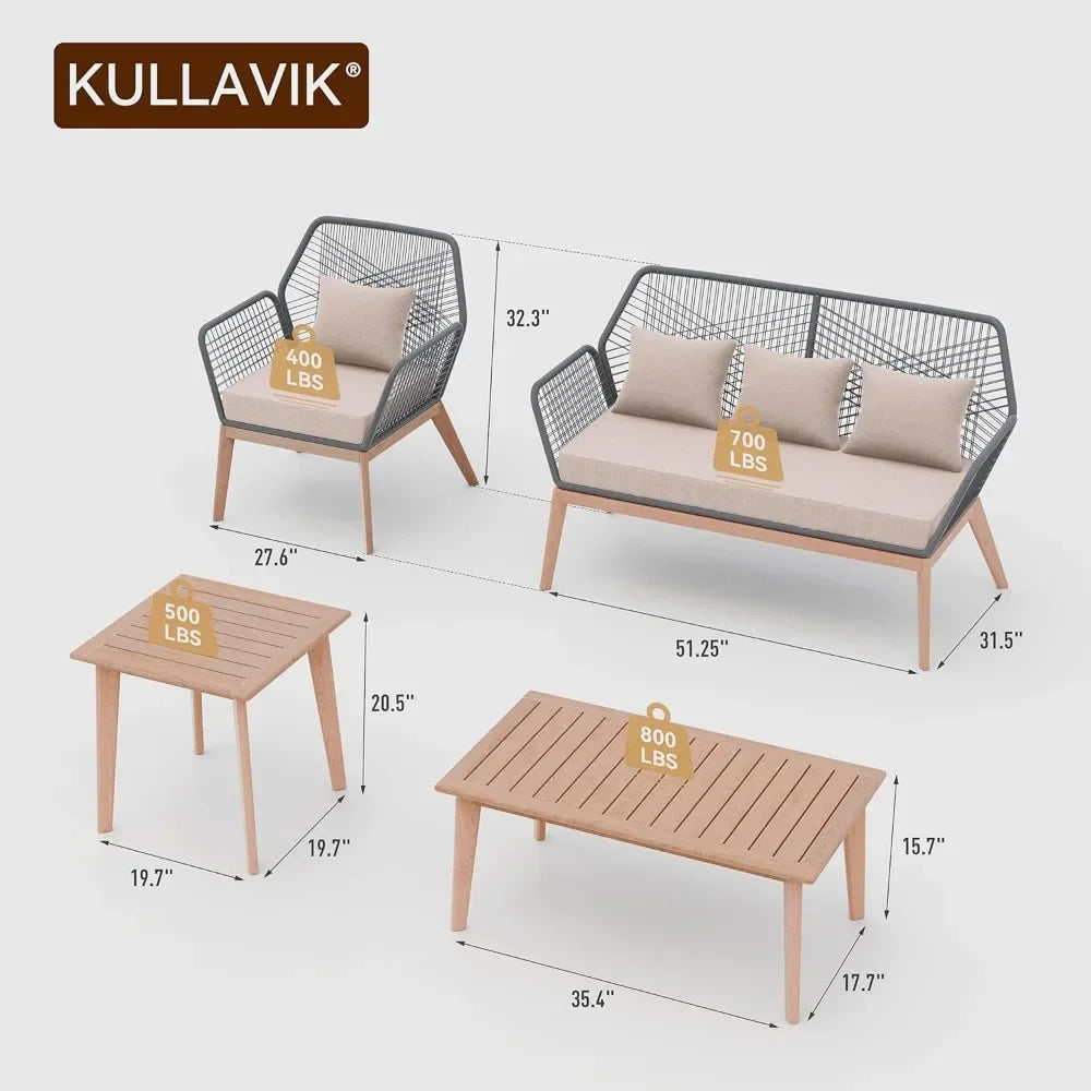 Outdoor Patio Furniture Set, 5 Pieces Indoor Rope Woven Sectional Sofa Set Modern Oak Patio Conversation Sets with Wooden Table