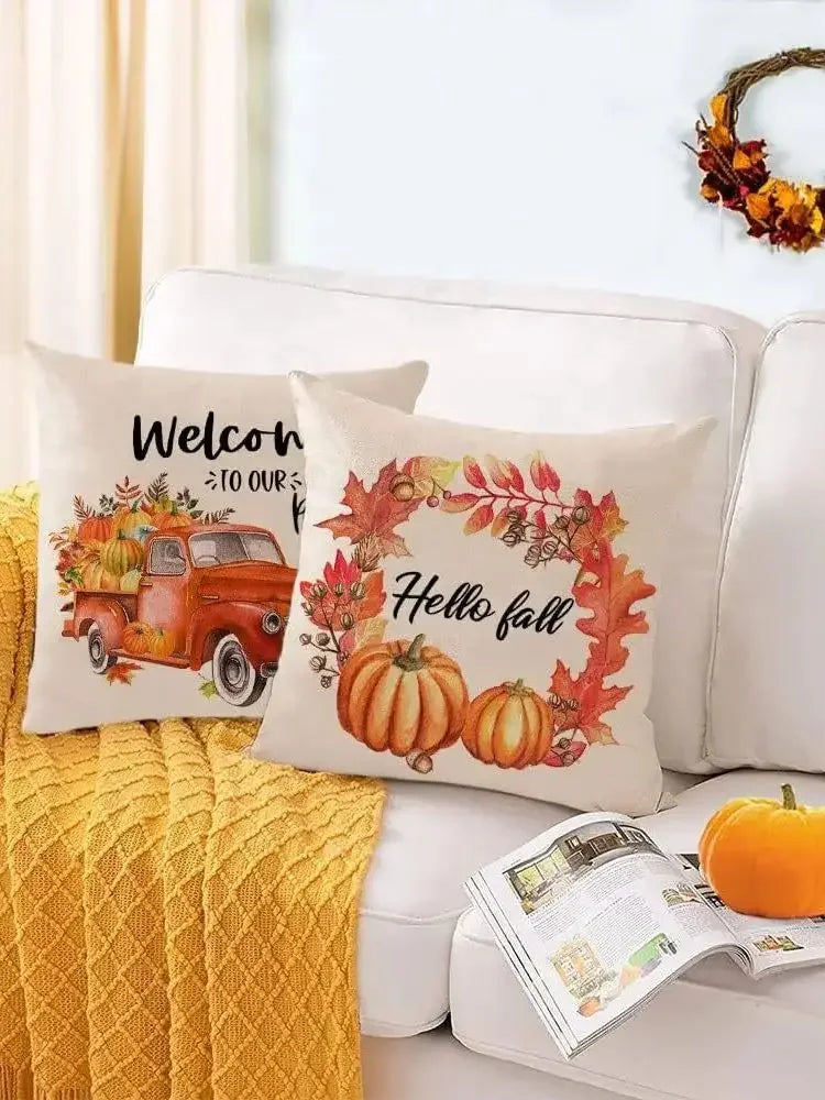 Autumn Pumpkin Cushion Cover Thanksgiving Decor Pillowcase 18x18 Inches Pillow Cover Maple Leaves Printed Cushion Case for Couch