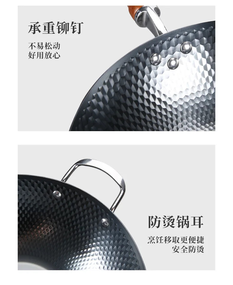 32cm Hand-forged Iron Wok household cooking pot uncoated Cookware Non-stick Thickened Iron Wok High-end Frying Pan