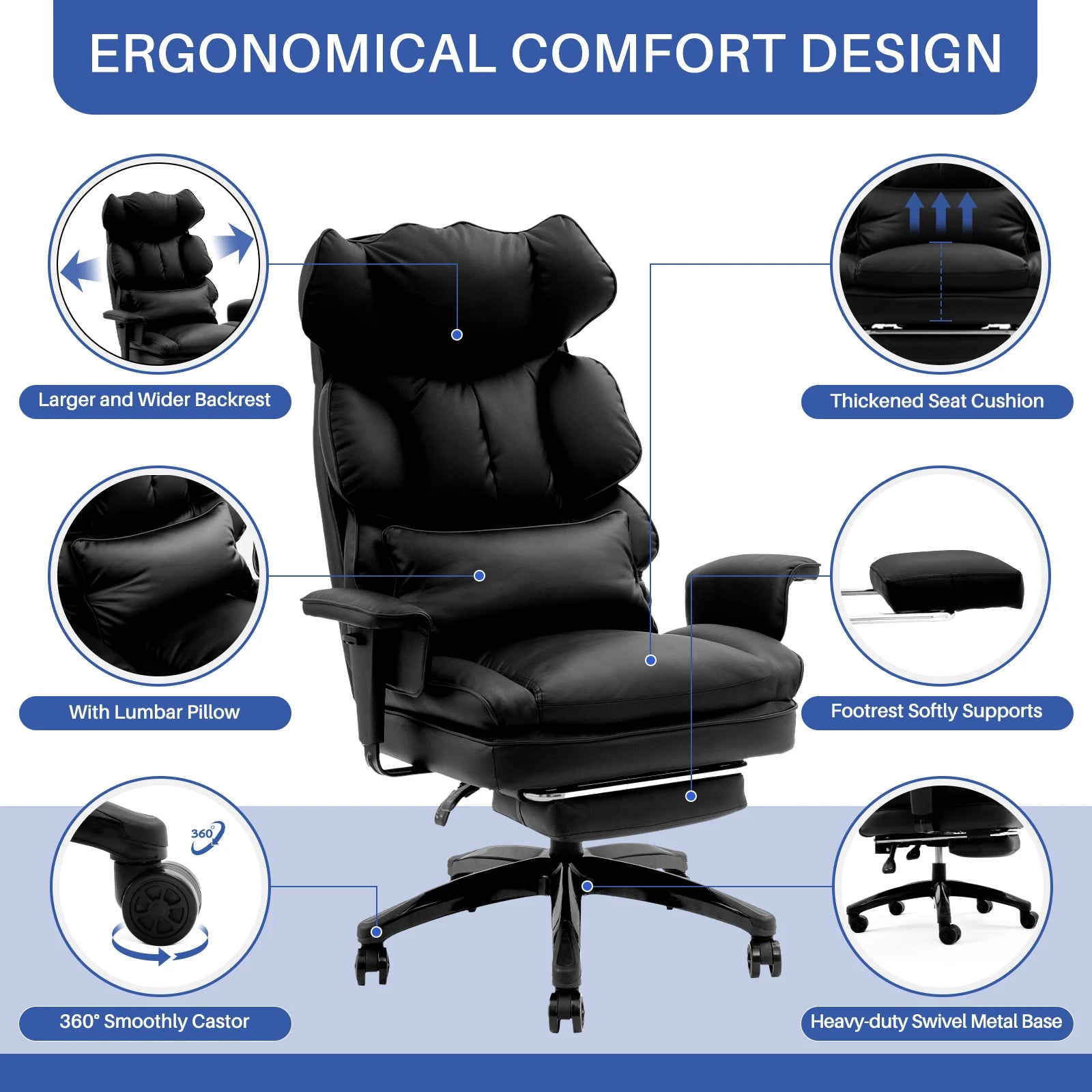 Redlife Heavy Duty Executive Office Chair w/ Adjustable Lumbar Support & Metal Base, High Back PU Leather Ergonomic Office Chair