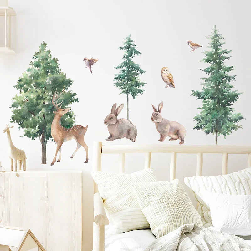 Cartoon Forest Deer Bunny Bird Wall Stickers for Kids Room Bedroom Wall Decor Home Decoration Vinyl Nordic Animals Trees Decals