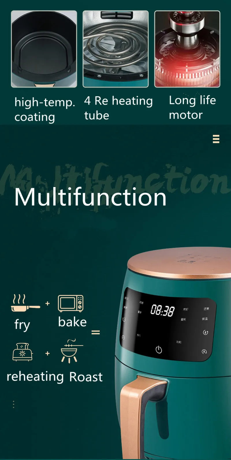 Multifunction 1400W Air Fryer 4.5L Oil Free Health Cooker Touch LCD Display No-Stick Pan Fry Bake Heating Roast Kitchen Machine