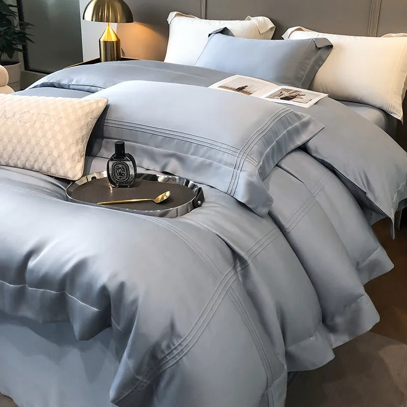 Solid Grey Linens Frame Duvet Cover with Zipper Ties 4Pcs 600TC Eucalyptus Lyocell Soft Cooling Quilt cover Bed Sheet Pillowcase