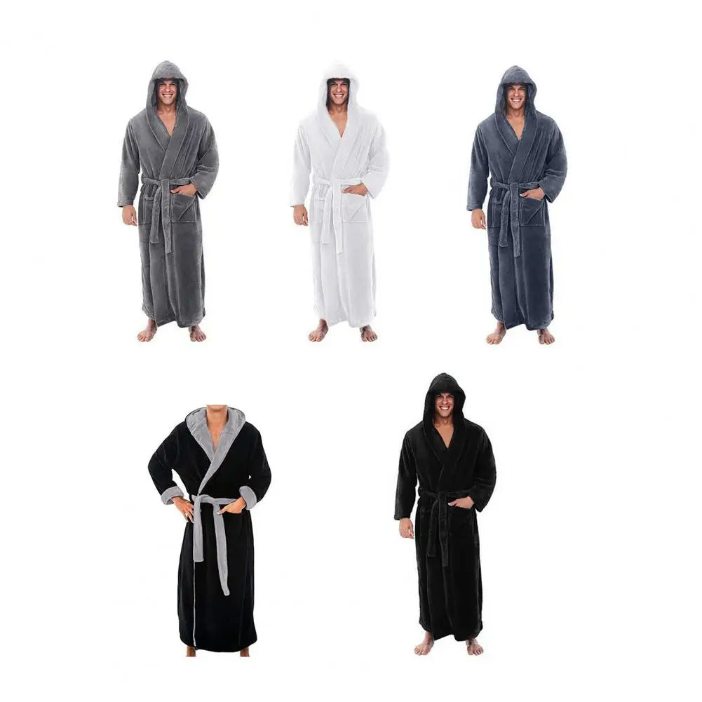 Men Robes Hooded Bathrobe With Adjustable Belt Soft Fluffy Highly Absorbent Solid Color Pocket Design Male Bathrobe For Daily