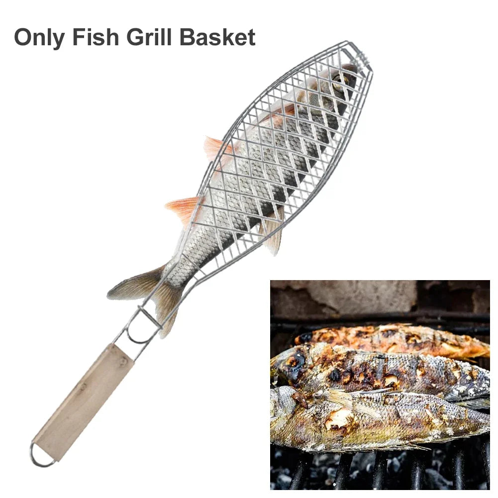 Barbecue Fish Grill Basket Stainless Steel Wired Grill with Wooden Handle BBQ Outdoor Kitchen Tools Portable Grilling Cookware