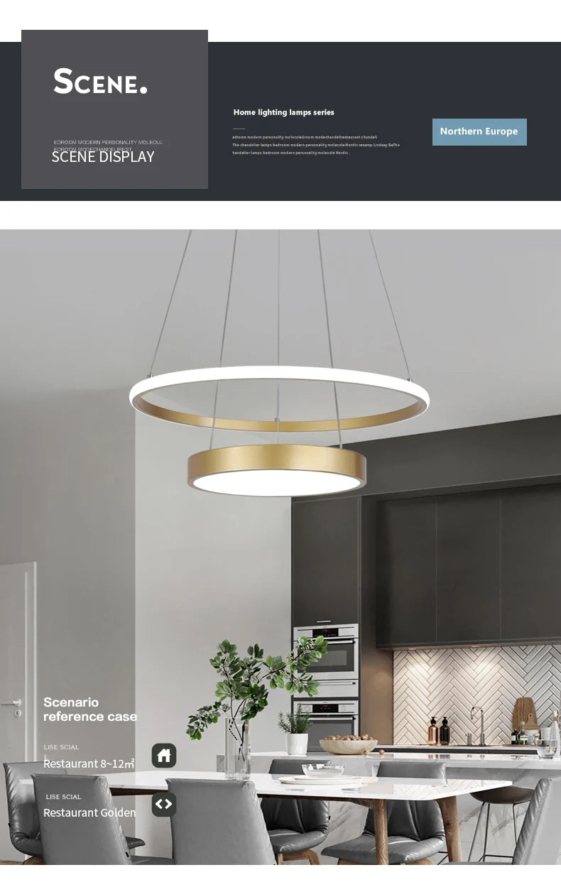 Modern LED Chandelier Lamp for Dining Study Room Kitchen Indoor Decorative Lighting Circularity Gold LED Ceiling Chandelier