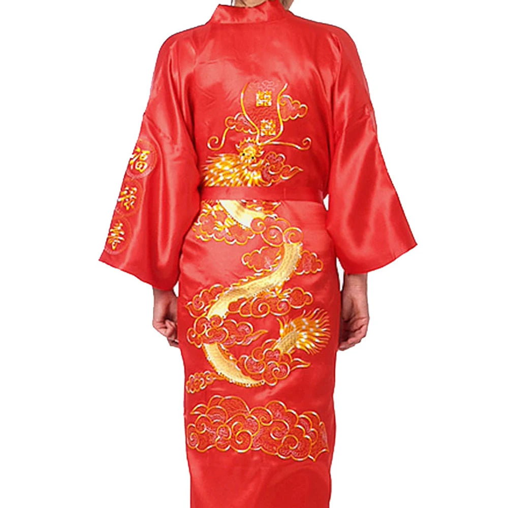 Satin Sleepwear Gown for Men, Chinese Dragon Design, Silk Kimono Bathrobe, M 2XL, Available in Multiple Colors