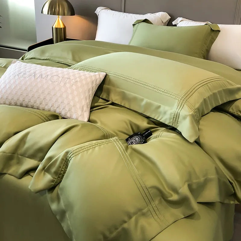 Solid Grey Linens Frame Duvet Cover with Zipper Ties 4Pcs 600TC Eucalyptus Lyocell Soft Cooling Quilt cover Bed Sheet Pillowcase