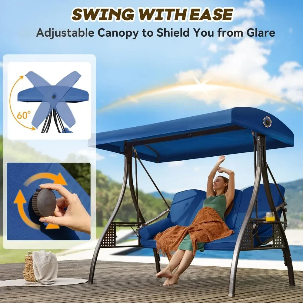 Swing Sets for Backyard with 3-Seat, Adjustable Canopy, Thickened Cushions,Pillows & Cup Holders, Outdoor Swing