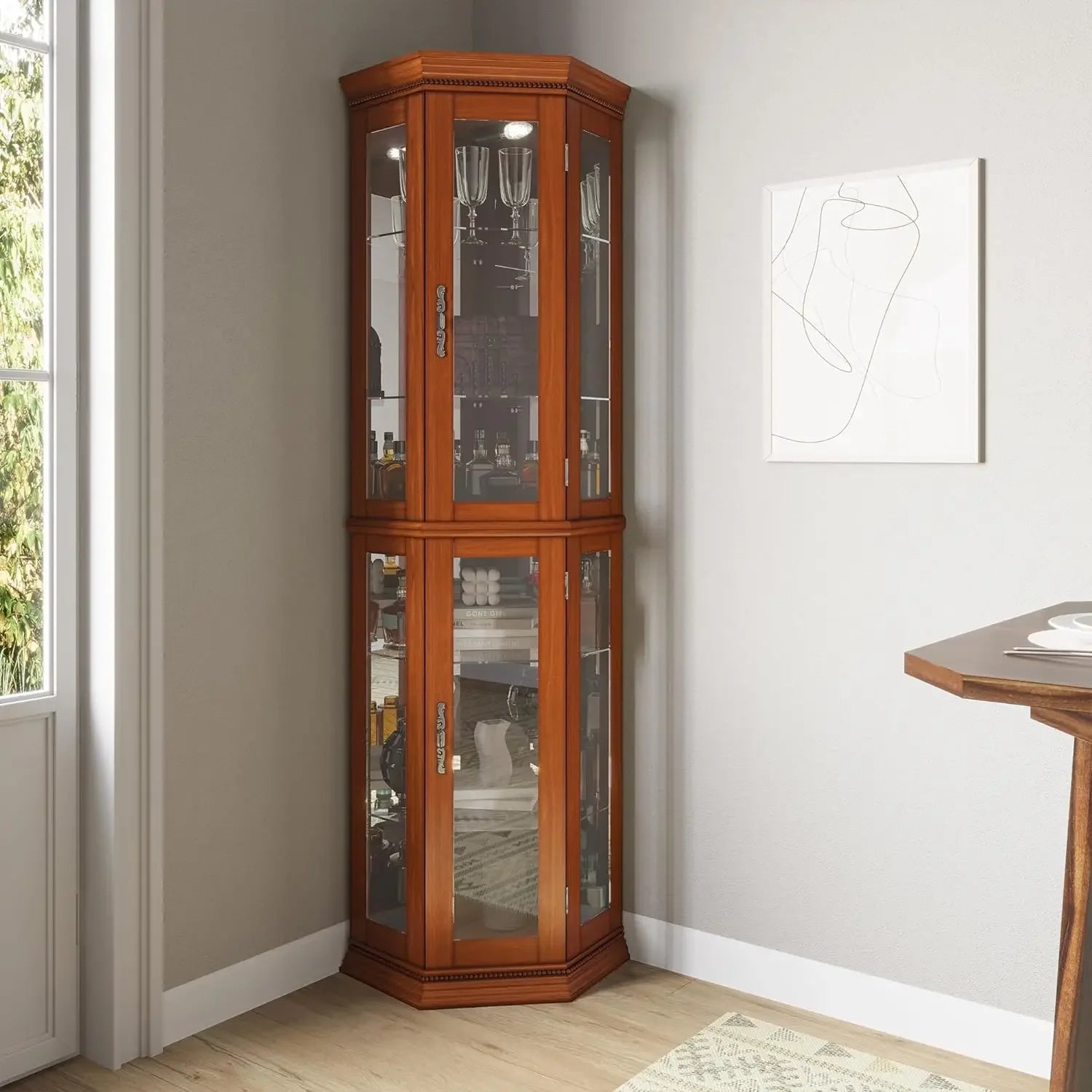 Glass Display Cabinet with Lights – Wooden Corner Storage Unit