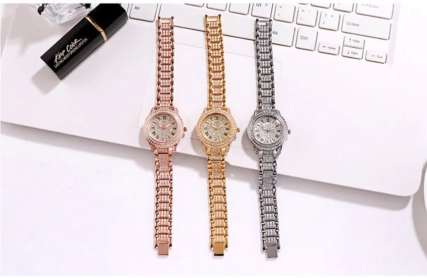 Diamond Women's Watch Set Hip Hop Bracelet & Quartz Wristwatch