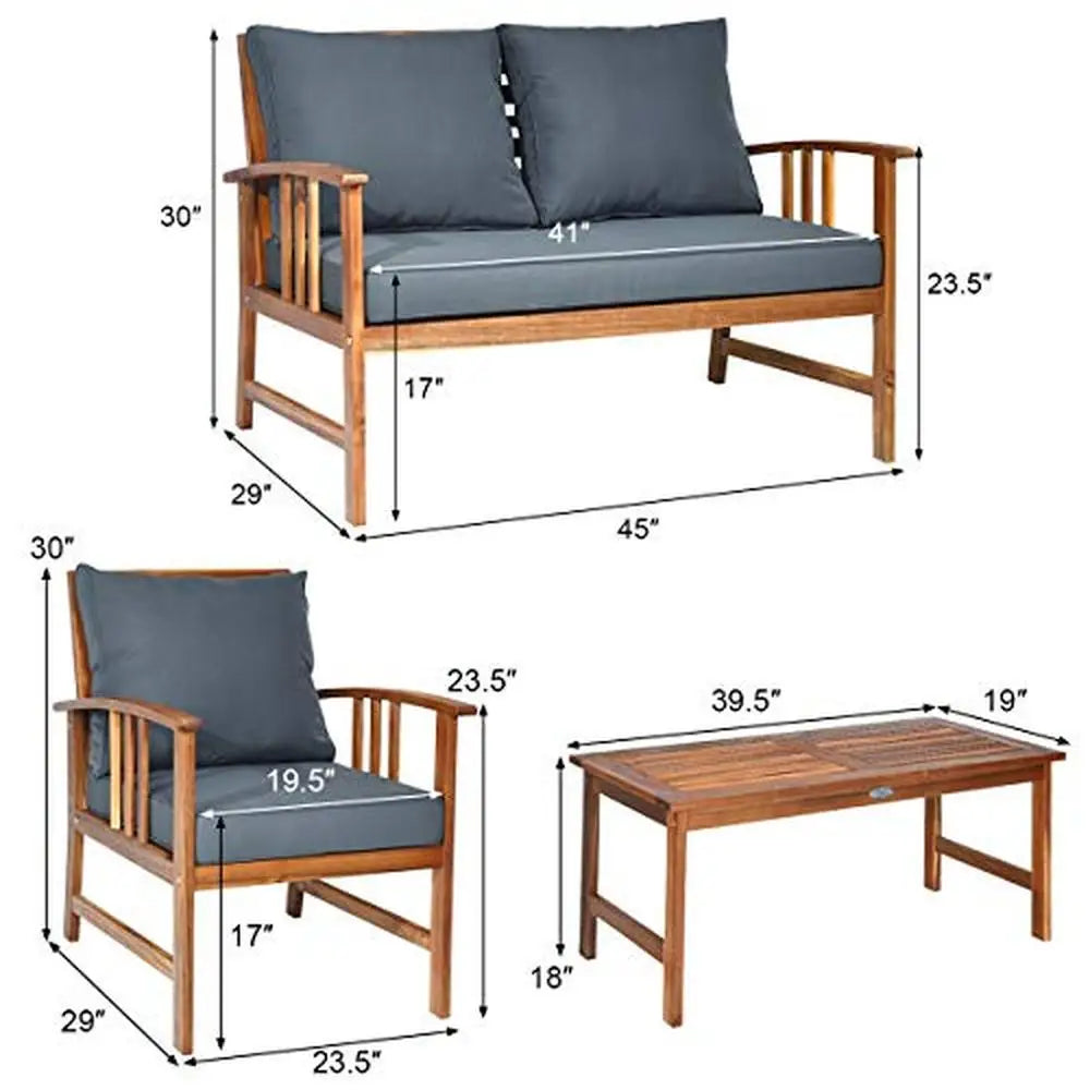 Acacia Wood Patio Furniture Set Outdoor Seating Chat Set with Gray Cushions Ergonomic Design Sofa Multipurpose 4-piece Furniture