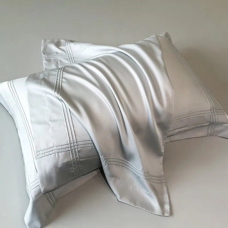 Solid Grey Linens Frame Duvet Cover with Zipper Ties 4Pcs 600TC Eucalyptus Lyocell Soft Cooling Quilt cover Bed Sheet Pillowcase