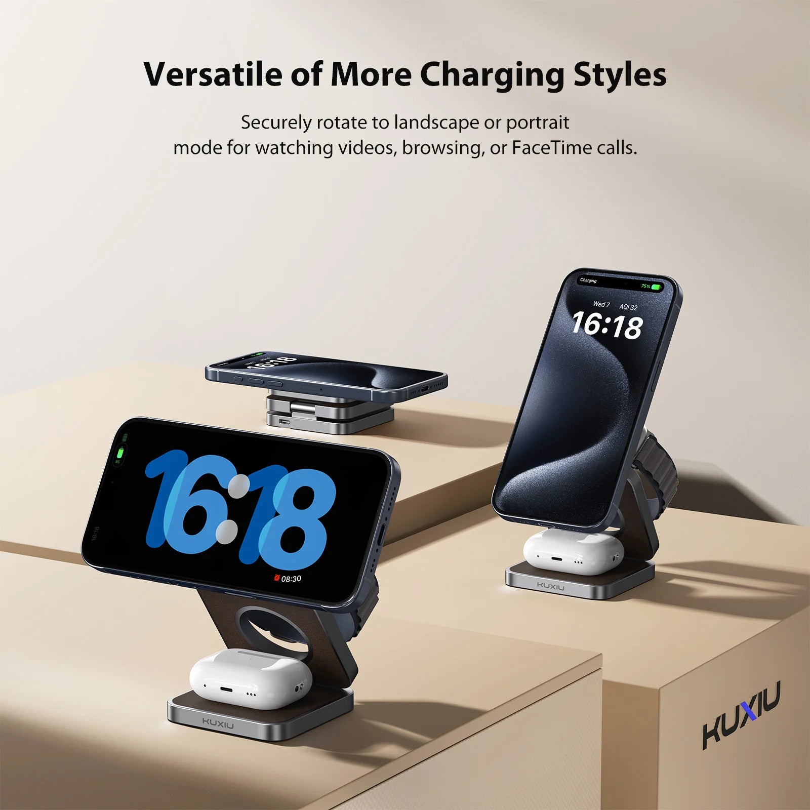 KUXIU 3-In-1 Foldable Magnetic Wireless Charging Station for iPhone 15/14/13/12 Series, Apple Watch Ultra/9/8/7, AirPods 3/2/Pro