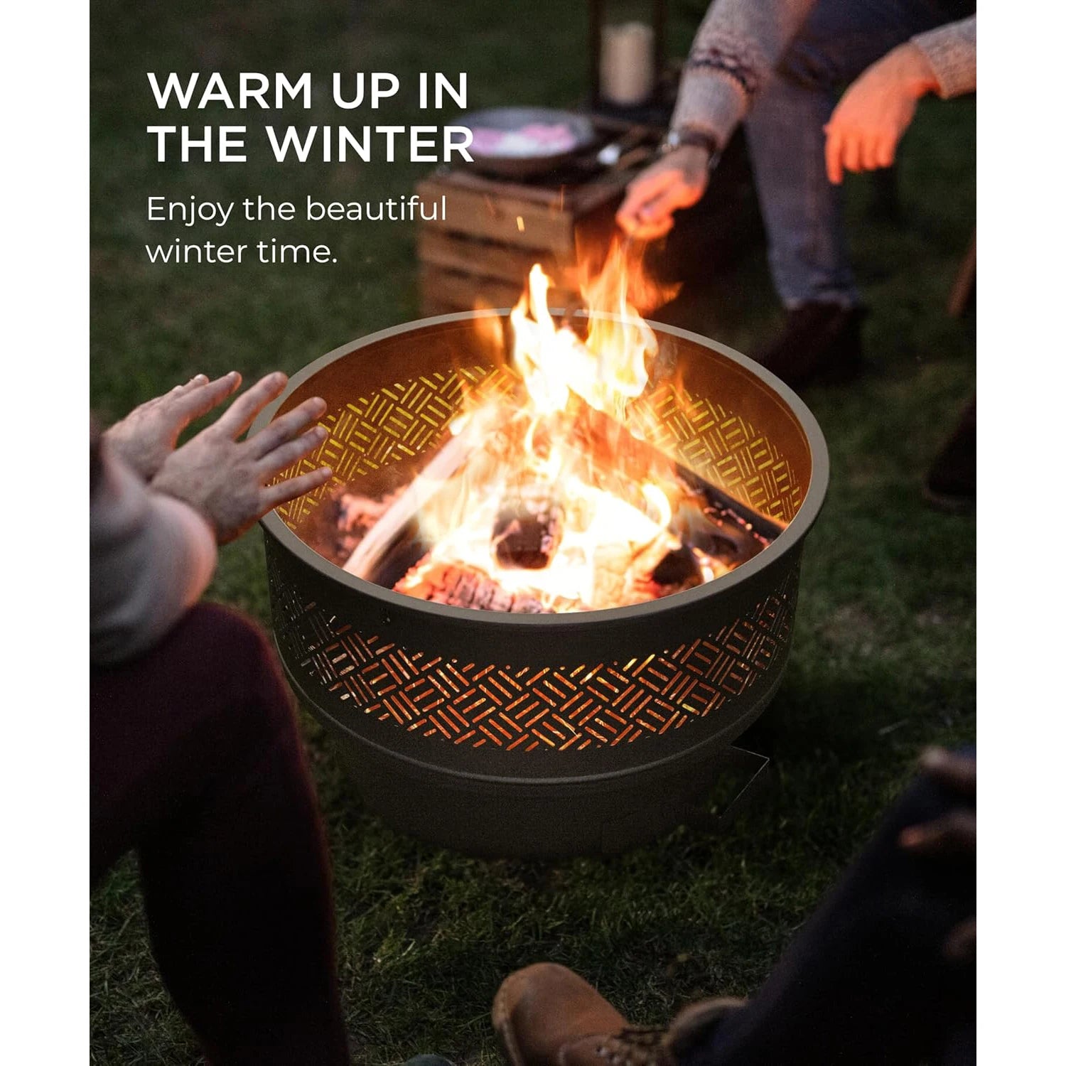 Freestanding Outdoor Fire Pit with Integrated Grate, Decorative Cutouts, and Multi-Purpose Use