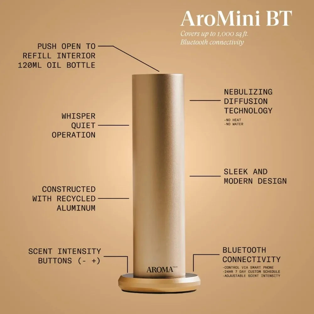 AromaTech AroMini BT Bluetooth Essential Oil Nebulizing Diffuser For Aromatherapy and Scent Diffusing In Gold