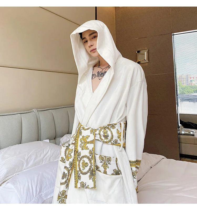 IEFB Winter Thickened Comfortable Velvet Light Luxury Hooded Long Nightgown Men's Fashion Robes Belted Warm Clothes 9Y9924