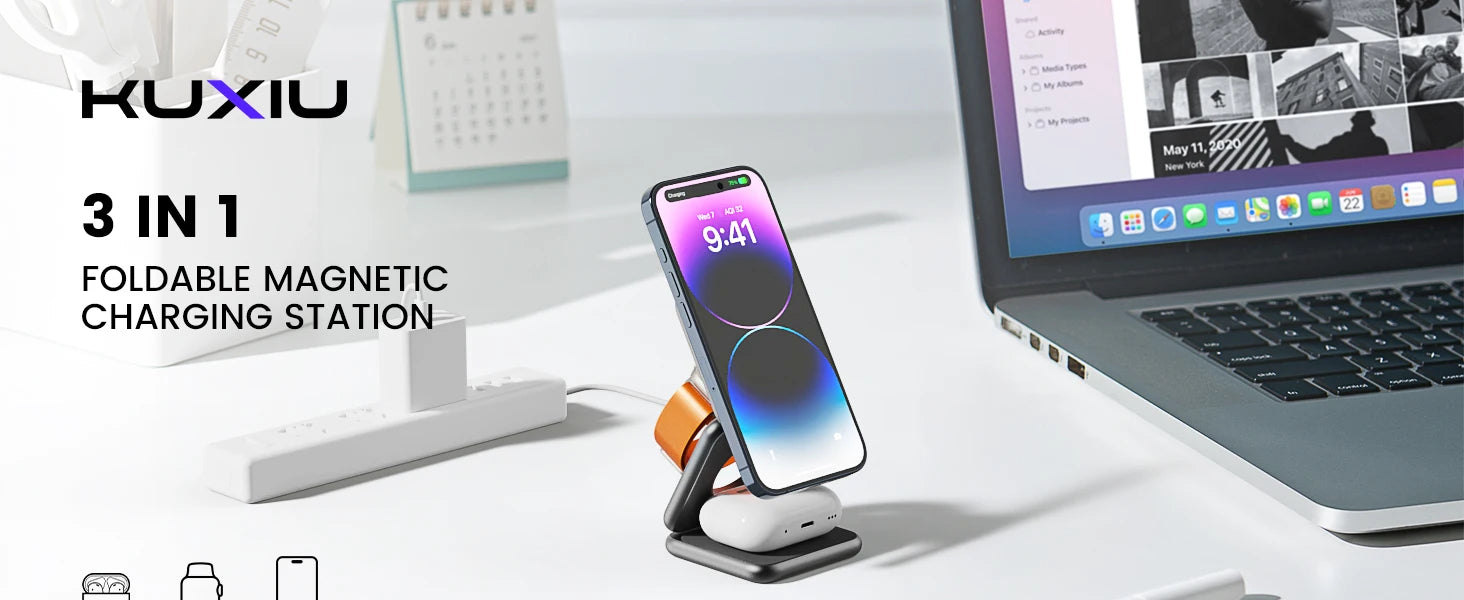 KUXIU 3 In 1 Foldable Magnetic Wireless Charger Stand For iPhone15 14 13Pro/Max/Plus, AirPods 3/2/Pro, iWatch Dock Fast Charger