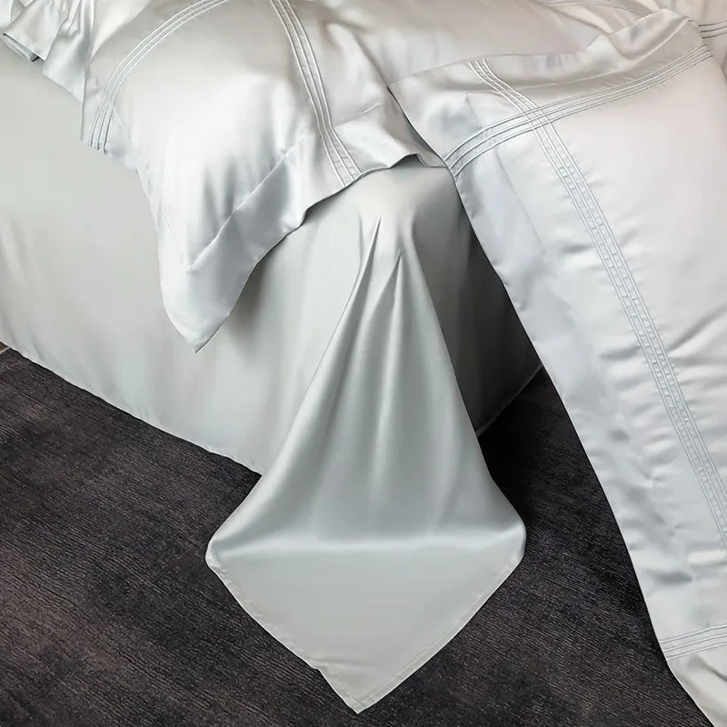 Solid Grey Linens Frame Duvet Cover with Zipper Ties 4Pcs 600TC Eucalyptus Lyocell Soft Cooling Quilt cover Bed Sheet Pillowcase