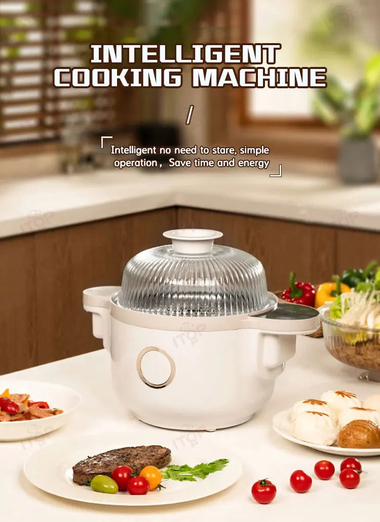 Household Stir Fry Machine 3.5L 1400W Multi Function Steamer, Frying Pan, Hotpot, Wok 360° Stir Touch Colour Screen Food Coating