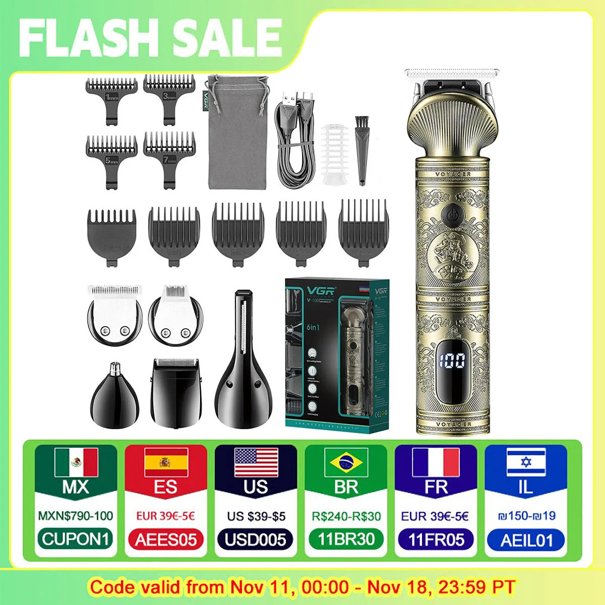 VGR Grooming Kit Hair Trimmer 6 In 1 Hair Clipper Nose Trimmer Shaver Body Trimmer Professional Rechargeable Metal Vintage V-106