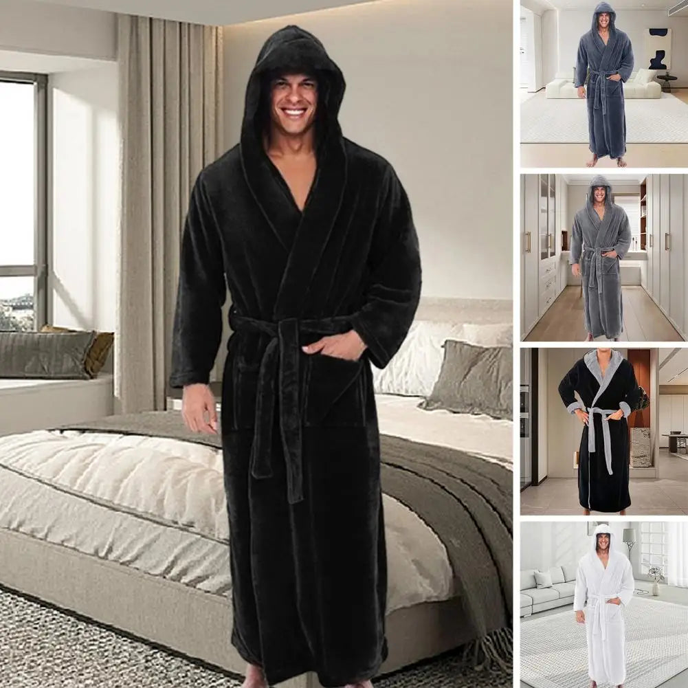 Soft Bathrobe Super Soft Fluffy Men's Hooded Bathrobe with Adjustable Belt Highly Absorbent Solid Color Design with Convenient