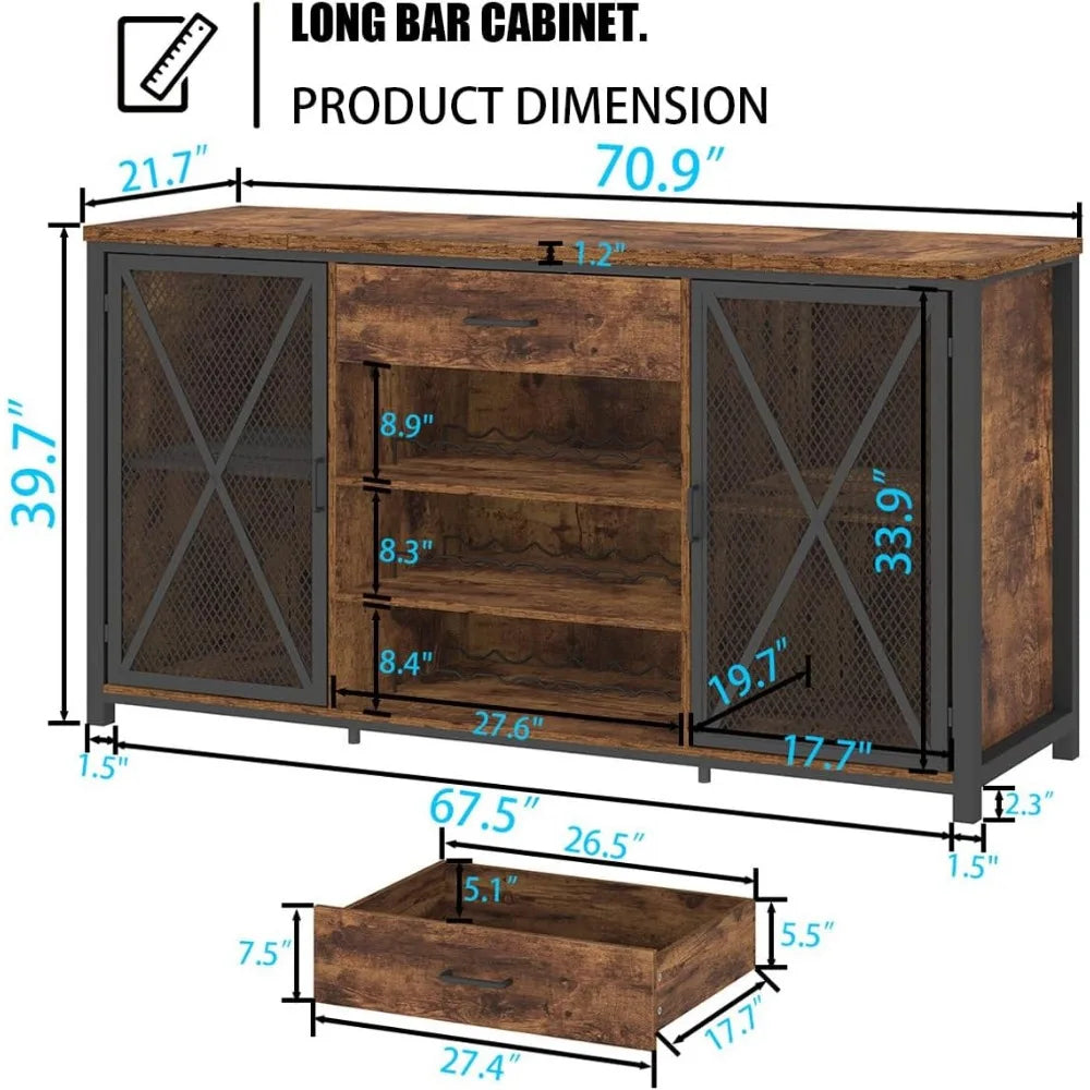 Large Bar Cabinet with Fridge Space, Rustic Long Liquor Cabinet with Drawer Storage, Farmhouse Wood Metal Wine Cabinet with