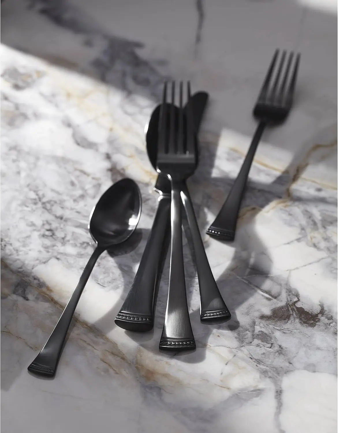 Satin Black Piece Flatware Set, 20 Count, Metallic