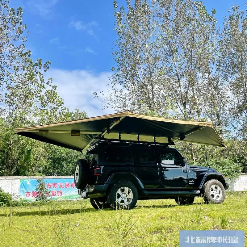 Outdoor self-driving five-angle 270-degree awning with cloth on the top side and double-axis fan-shaped tent with curtain a