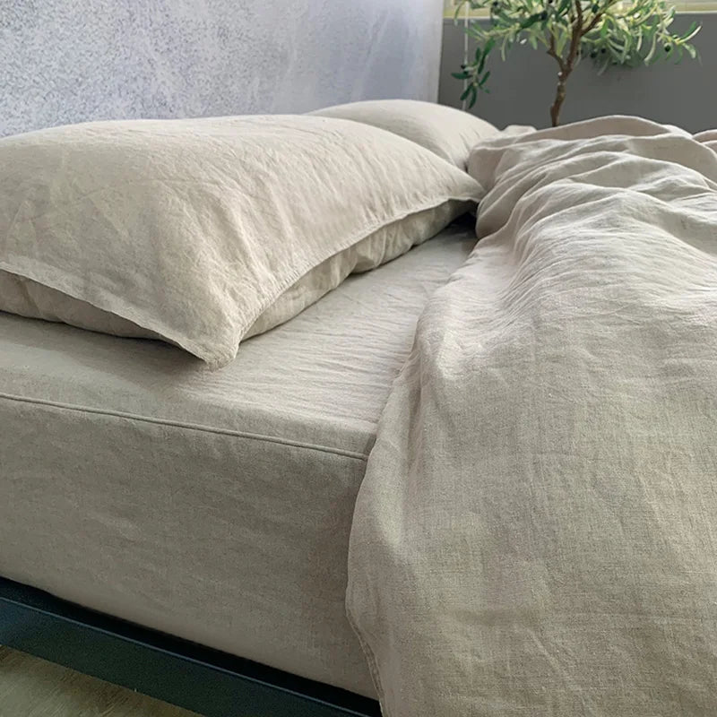 100% Linen Fitted Sheet Stone Washed Solid Color 1Piece Deep Pocket Mattress Cover Natural Soft and Breathable Farmhouse Bedding