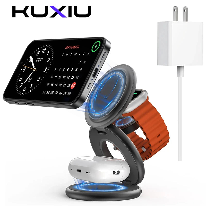 KUXIU X63 3 in 1 Wireless Charger Stand For iPhone 12 13 14 15 Pro/Max/Plus,Apple Watch 9 8 7 6,AirPods2 3,Fast Charger Stion