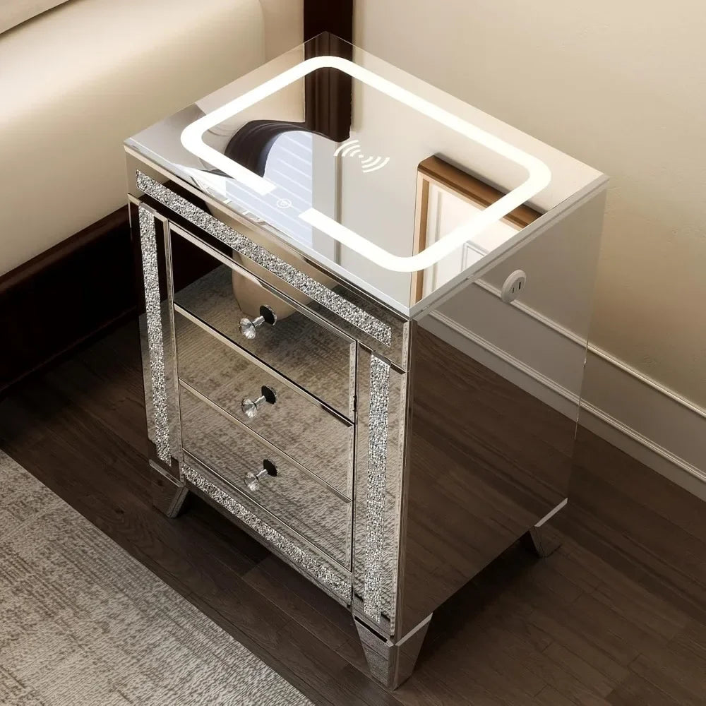 Silver Mirrored Nightstand with LED & Wireless Charging