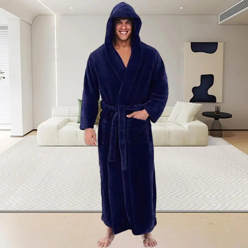 Solid Color Bathrobe Super Soft Fluffy Men's Hooded Bathrobe with Adjustable Belt Highly Absorbent Solid Color Design