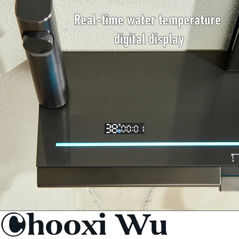 CHOOXIWU-Bathroom Luxury Shower System with Lights Tempered Glass Piano Key Smart Digital Display Thermostat Mixer Shower Faucet