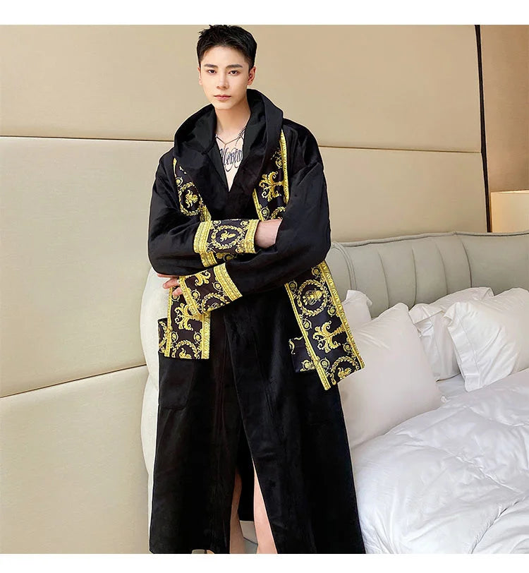 IEFB Winter Thickened Comfortable Velvet Light Luxury Hooded Long Nightgown Men's Fashion Robes Belted Warm Clothes 9Y9924