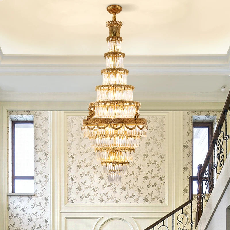 DINGFAN European Style Luxury Large Crystal Chandelier Villa Living Room Staircase Hotel Lobby Decorative Pendent Light