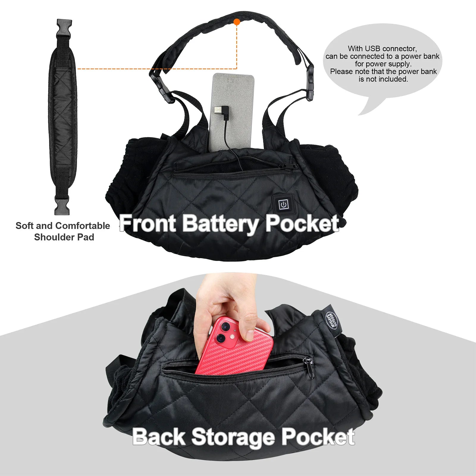 Heated Hand Pouch Soft Fleece Lining Heated Hand Pouch 3 Temperature Settings Handwarmers With USB Connector Heated Hand Muff