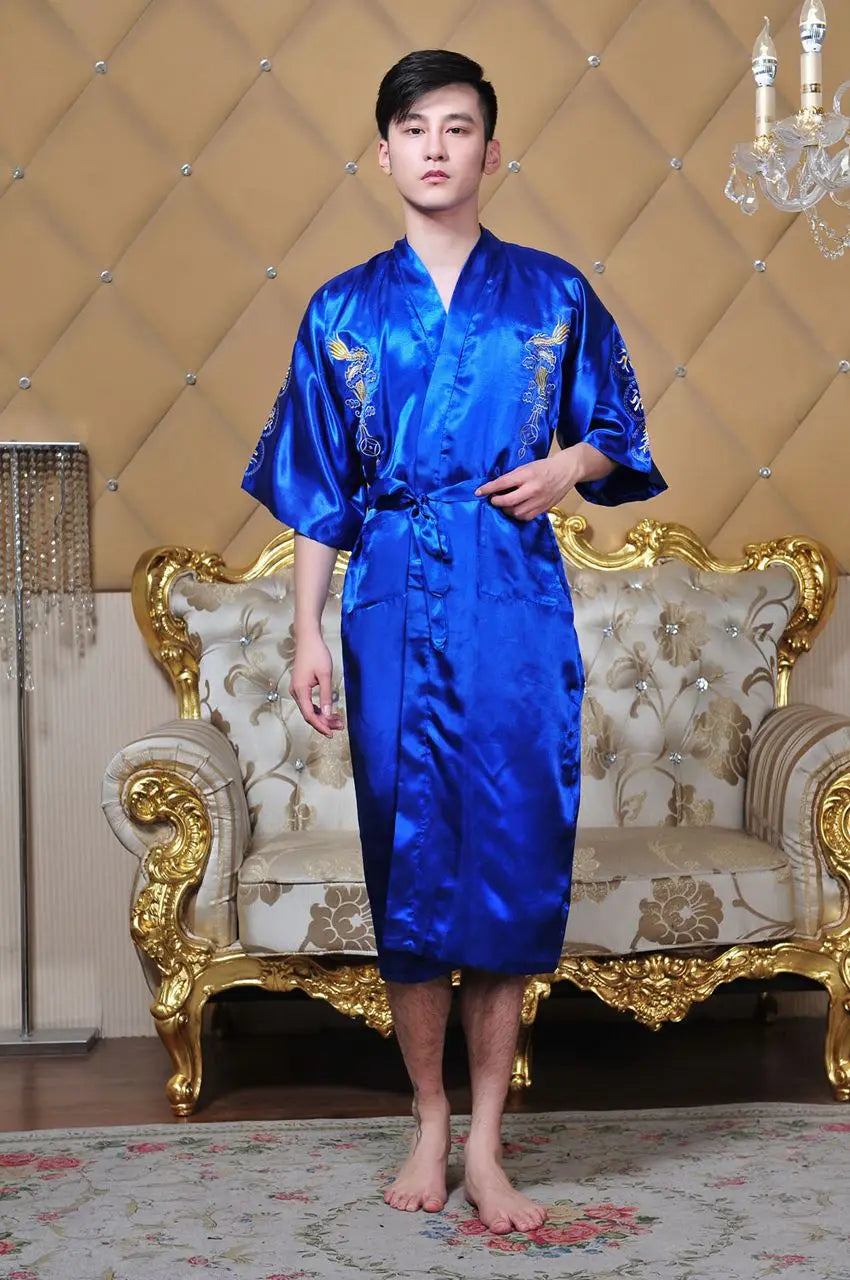 Chinese Style Robe Classical Embroider Dragon Kimono Man Homewear Long Bathrobe Satin Nightgown Loose Sleepwear Loungewear