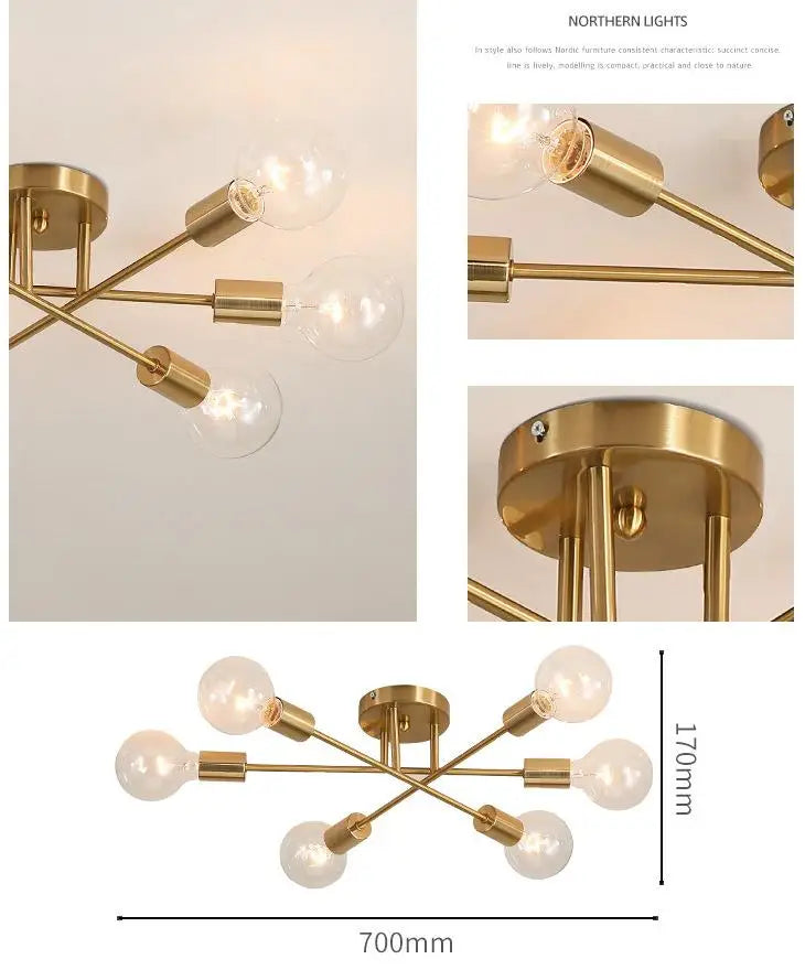 Modern Nordic LED Chandelier Semi Flush Mount Ceiling Lamp Brushed Antique Gold Home Decor Lighting Fixture