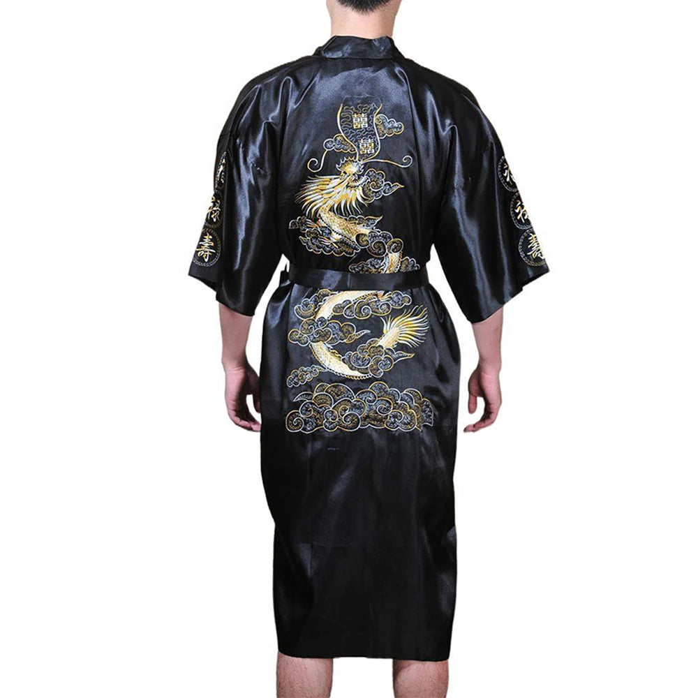 Satin Sleepwear Gown for Men, Chinese Dragon Design, Silk Kimono Bathrobe, M 2XL, Available in Multiple Colors