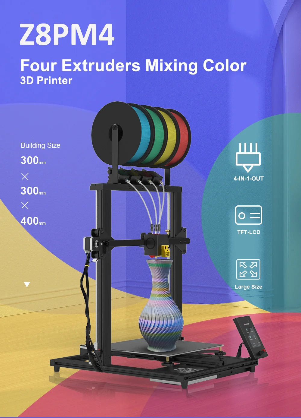 ZONESTAR New Upgrade 4 Extruder 4-IN-1-OUT Mix Multi Color Large Size High Precision Resolution 3D Printer DIY Kit Z8PM4Pro MK2